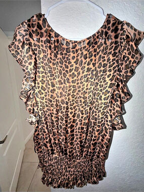 LE LION Animal Print Ruffle Blouse in Brown & Black Size XL